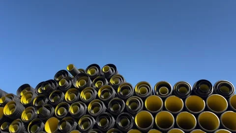 Stack of black plastic pipes used for drainage, ventilation, sewage systems 库存影片 337242186
