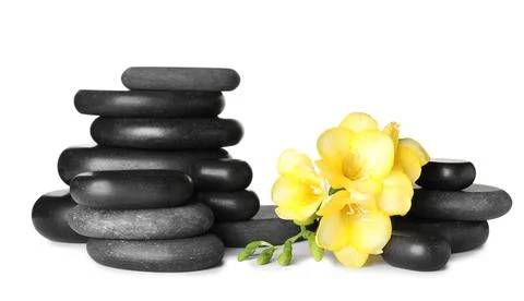 Stack of black spa stones and fresh flowers isolated on white 스톡 사진