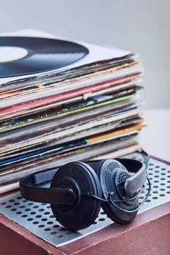 Stack of black vinyl records Stock Photos