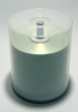 Stack of blank discs in a storage case on spindle. Capacity of the plastic .. Stock Photos