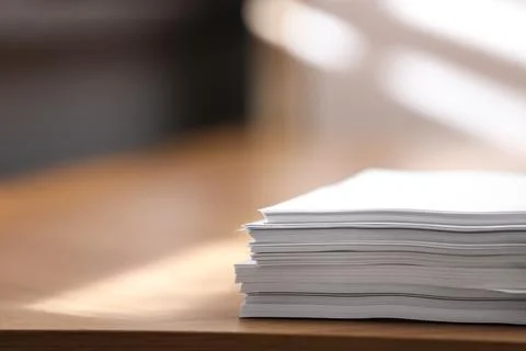 Stack of blank paper on wooden table indoors. Space for text Foto stock