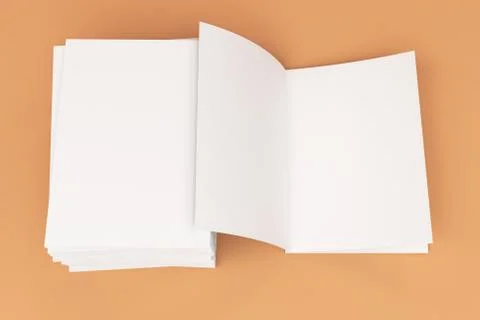 Stack of blank white closed and one open brochure mock-up on orange backgroun Stock Illustration
