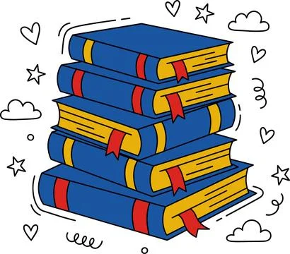 Stack of Blue Books with Red Bookmarks and Doodle Elements. 스톡 일러스트
