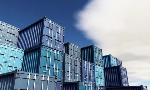 Stack of blue container boxes with sky background. Cargo freight shipping f.. Stock Illustration