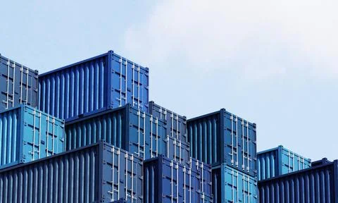 Stack of blue container boxes with sky background. Cargo freight shipping ... 스톡 사진