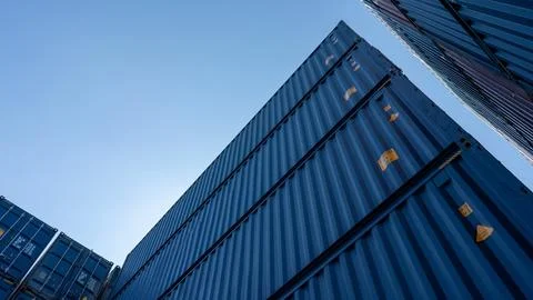 Stack of blue containers box, Cargo freight ship for import export logistic.. Foto stock