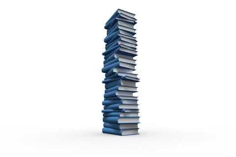 Stack of blue hardcover books is leaning on seamless white background in 3D Stock Illustration