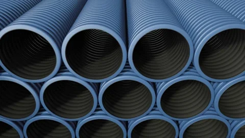 Stack of blue pipes in front of the construction of urban sewerage. Stock Footage 290091057