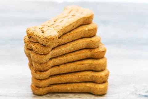 Stack of Bone shaped dog biscuits of brown color. Dog food used for training Stock Photos
