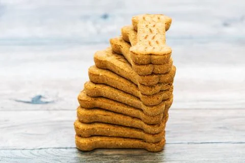 Stack of Bone shaped dog biscuits of brown color. Dog food used for training Stock Photos