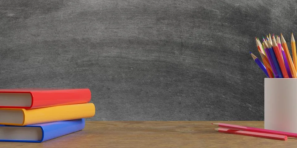 Stack of book and pencil holder on wooden table with blackboard background .. Stock Illustration