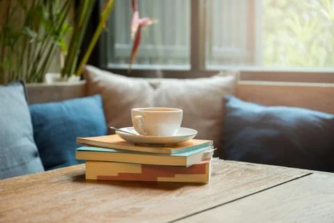 Stack of book with coffee cup Stock Photos