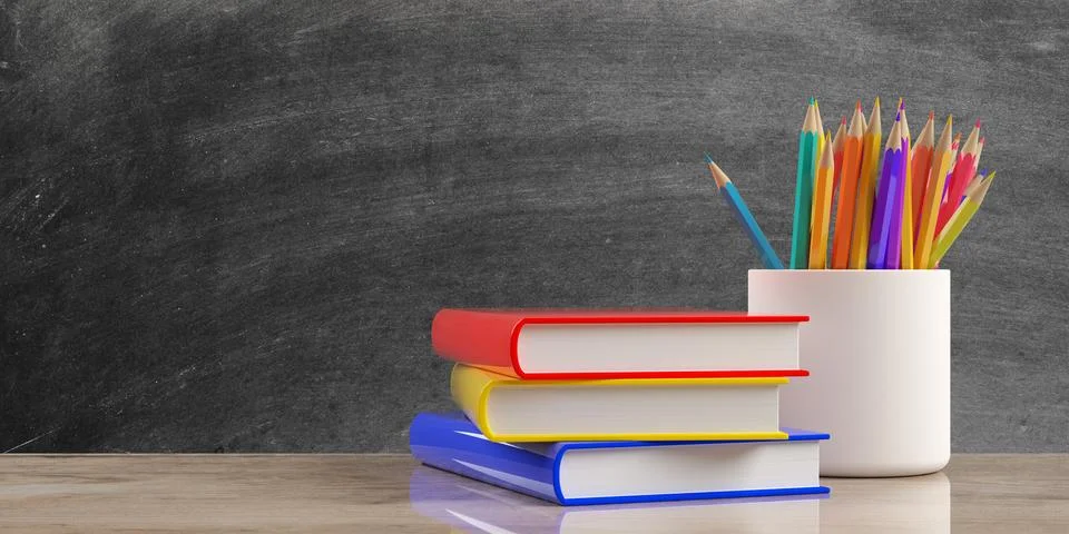 Stack of book next to pencil holder with colorful penils on wooden table wi.. 스톡 일러스트