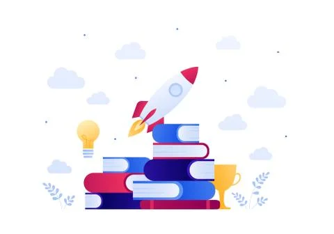 Stack of book with spaceship, idea lightbulb and trophy award symbol Stock Illustration
