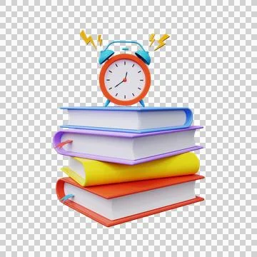 A stack of books with an alarm clock. 3d render 스톡 일러스트