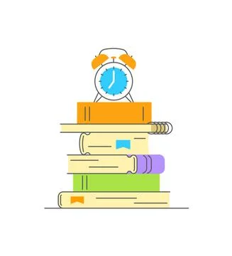 Stack of books with alarm clock on top Illustrazione stock