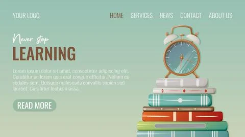 Stack of books with alarm clock, website interface template. Vector Stock Illustration