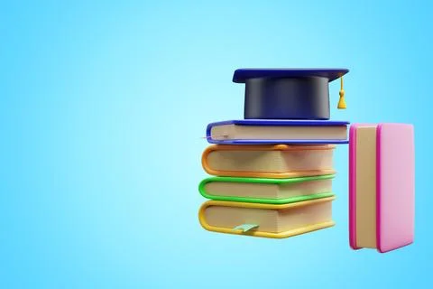 Stack of books and academic cap isolated on blue background. Illustrazione stock