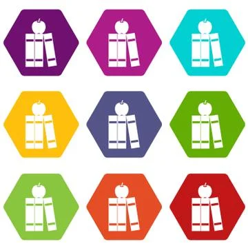 Stack of books and apple icon set color hexahedron Stock Illustration