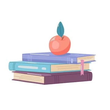 Stack of books and apple. Vector illustration of textbooks in doodle style. Icon Stock Illustration