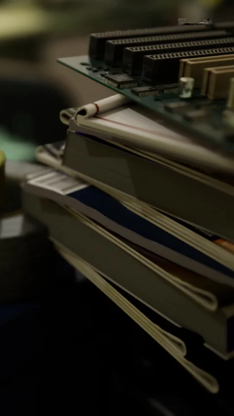 Stack of books and computer parts on a table in an office setting Stock Footage 334197878