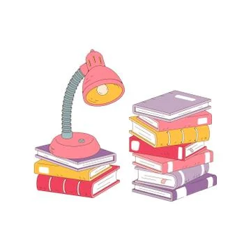 Stack of books and desk lamp isolated on white background. Pile of books vector Stock Illustration