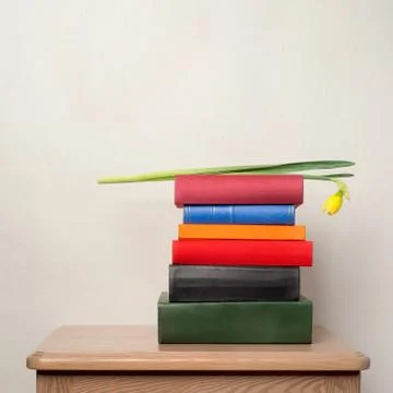 Stack of books and flower on the table Stock Photos