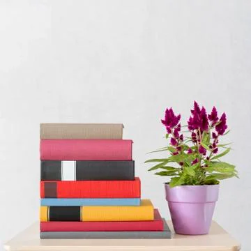 Stack of books and flowers in the pot on the table Foto stock