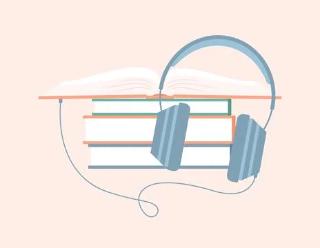 A stack of books and headphones connected to an open book Illustrazione stock