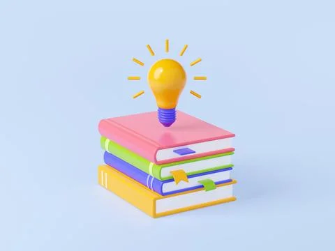 Stack of books and lightbulb 3D render icon 스톡 일러스트