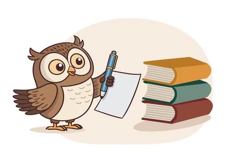 Stack of books and next to it an owl holding a pen Stock Illustration