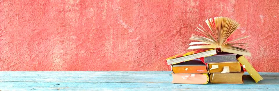 Stack of books and open book. Reading,literature,education,library,copy space Stock Photos