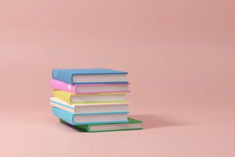 Stack of books and paper on pink background. 3d render Illustrazione stock