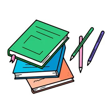 A stack of books and pencils. Drawing stationery on the table in doodle style. 스톡 일러스트