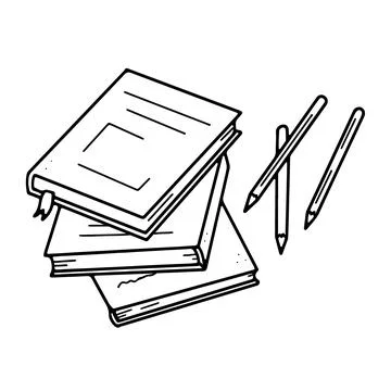 A stack of books and pencils. Drawing stationery on the table in doodle style. Illustrazione stock