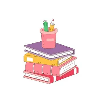 Stack of books and pencils on white background. Pile of books vector Stock Illustration