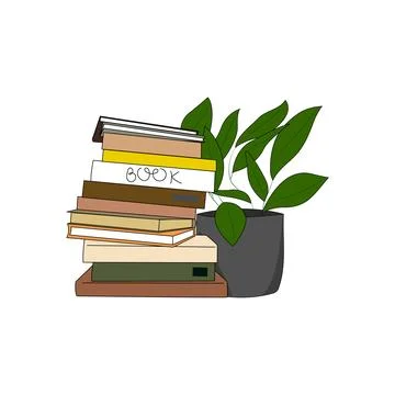 A stack of books and plant. A cozy stack of knowledge and growth. Stock Illustration
