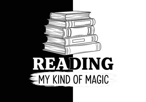 Stack of Books and "Reading My Kind of Magic" Text - Black and White Contrast Stock Illustration
