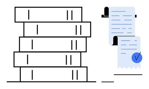 Stack of Books and Receipts with Check Mark in Simple Line Style Stock Illustration