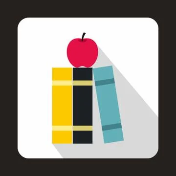 Stack of books and red apple icon, flat style Stock Illustration