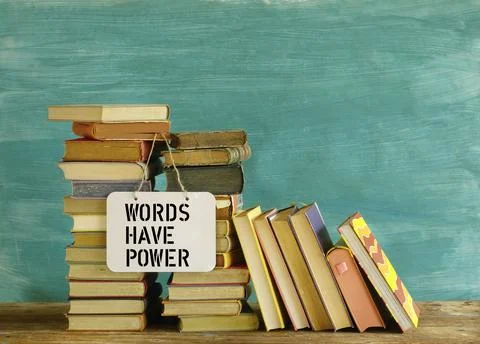 Stack of books and saying Words have power, education reading,learning concept Stock Photos