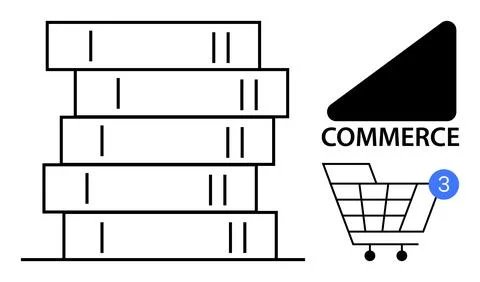 Stack of Books and Shopping Cart with Commerce Text Highlighting Education .. 스톡 일러스트