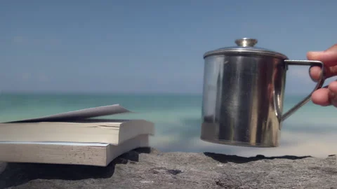 Stack of Books and Stainless Mug on Driftwood by the Sea Stock Footage 337474466