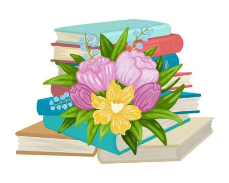 A stack of books and textbooks, decorated with a bouquet of flowers. Vector Stock Illustration