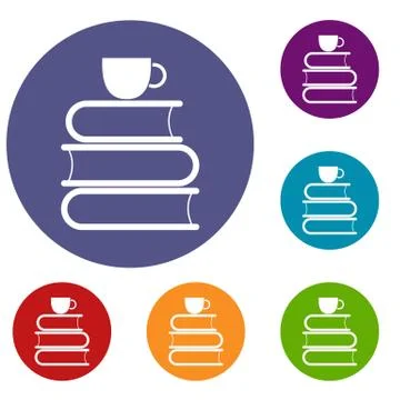 Stack of books and white cup icons set 스톡 일러스트