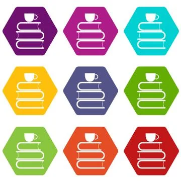 Stack of books and white cup icon set color hexahedron Illustrazione stock
