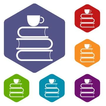 Stack of books and white cup icons set 스톡 일러스트