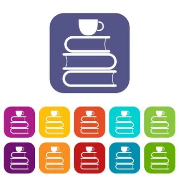 Stack of books and white cup icons set Stock Illustration