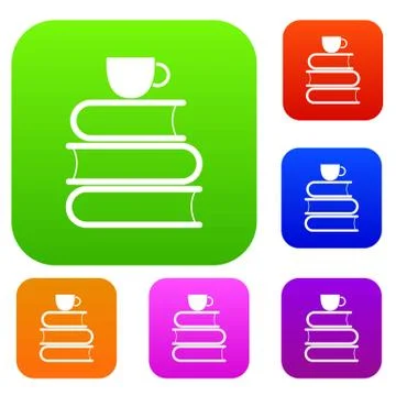 Stack of books and white cup set collection Stock Illustration