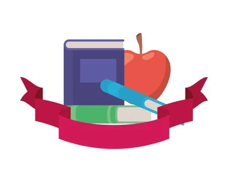 Stack of books with apple fruit and ribbon Stock Illustration